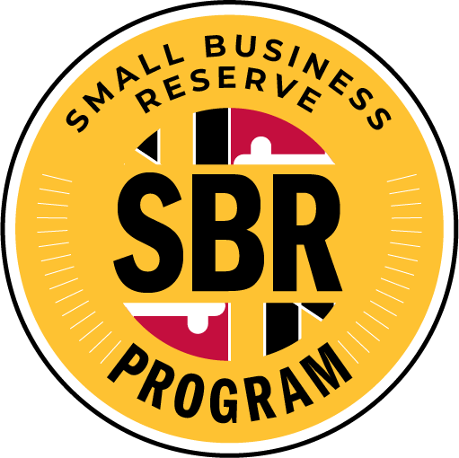 Logo for the Small Business Reserve Program, featuring a yellow circle with the text 'SBR PROGRAM' and a graphic design incorporating the Maryland flag.