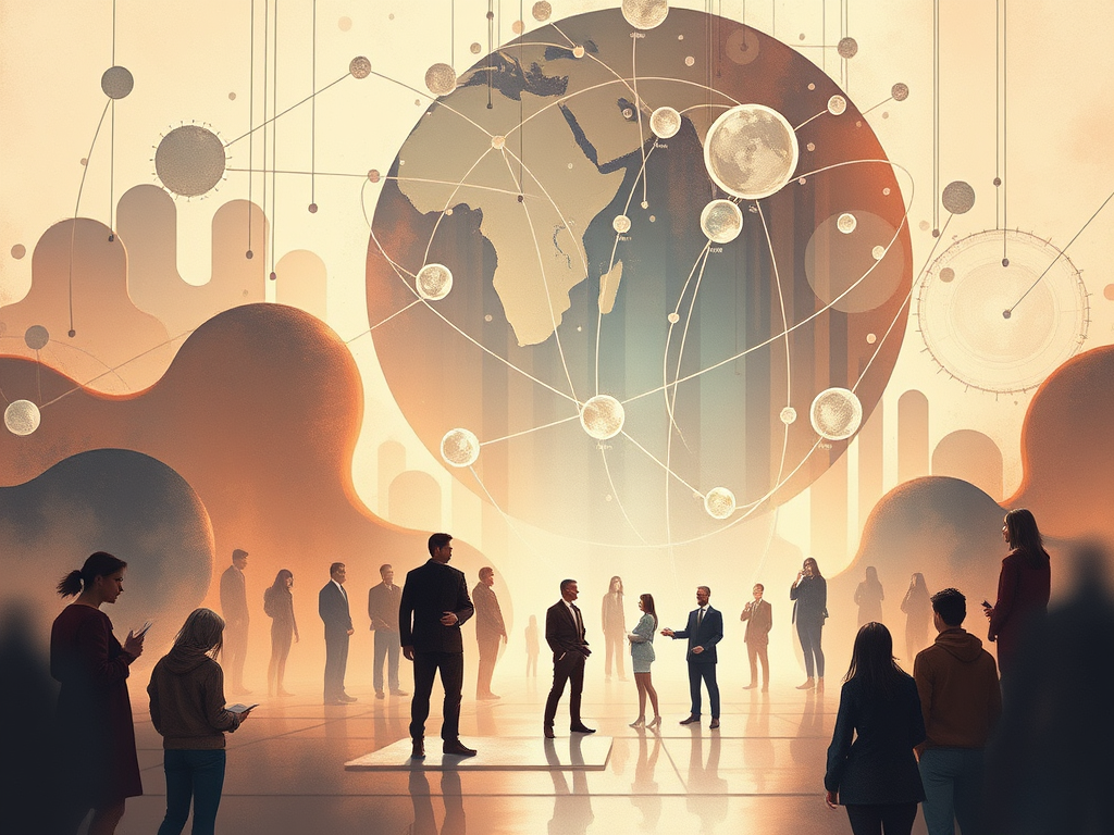 A group of professional individuals in business attire engaging in discussion in a futuristic setting, with a large, illuminated globe and abstract shapes in the background, symbolizing global connectivity and collaboration.