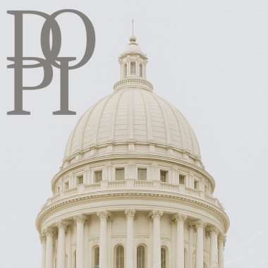 A close-up view of a government building's dome with the logo of Digital Optimization and Process Improvement (DOPI) overlayed.