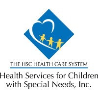 Logo of The HSC Health Care System, featuring a blue diamond with a heart and silhouettes of children holding hands, accompanied by the text 'Health Services for Children with Special Needs, Inc.'