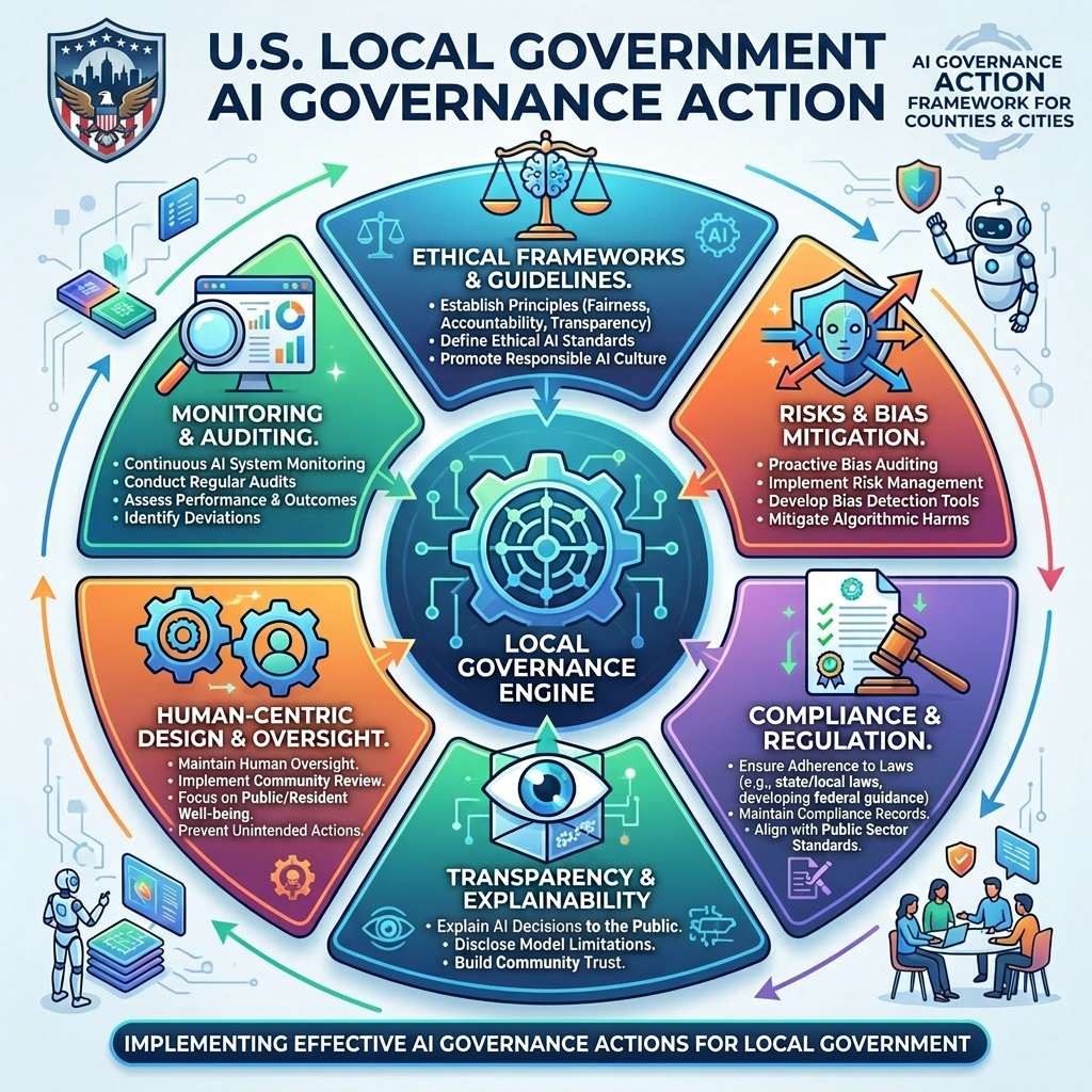 Diagram showing DOPI branded AI governance action framework with six key areas around a central governance engine