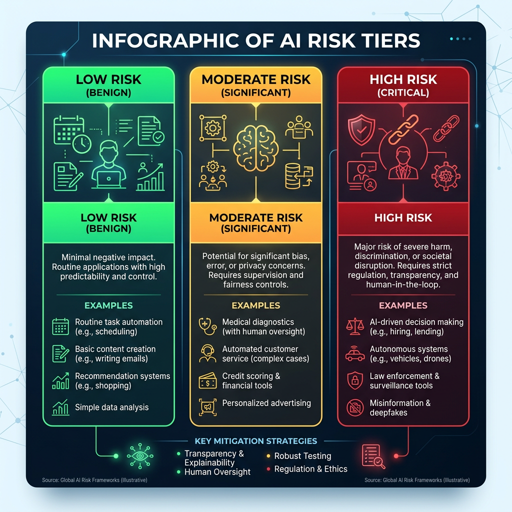 Infographic showing AI risk tiers: low risk, moderate risk, and high risk with examples and key mitigation strategies.